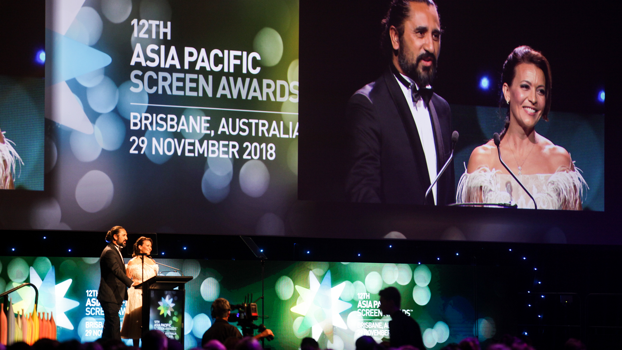 Hosts for the Asia Pacific Screen Awards Sofie Formica and Cliff Curtis at the Brisbane Exhibition & Entertainment Centre