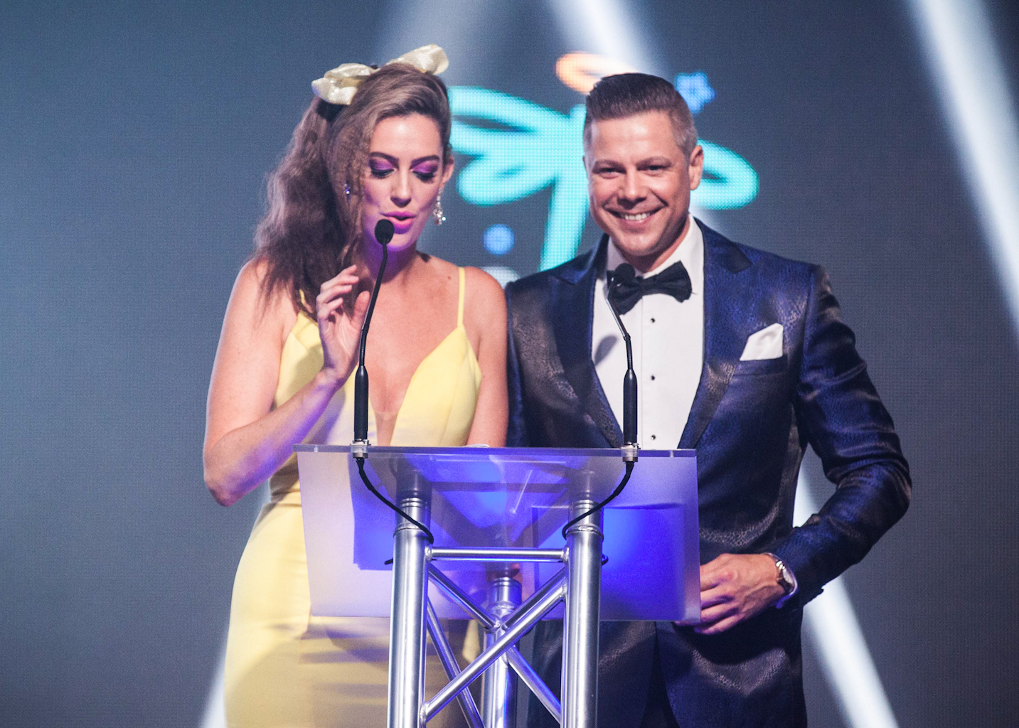 TV Presenters Samantha Heathwood and Josh Holt hosting the Zoe's Angels Charity Gala held at the Sofitel Hotel in Brisbane